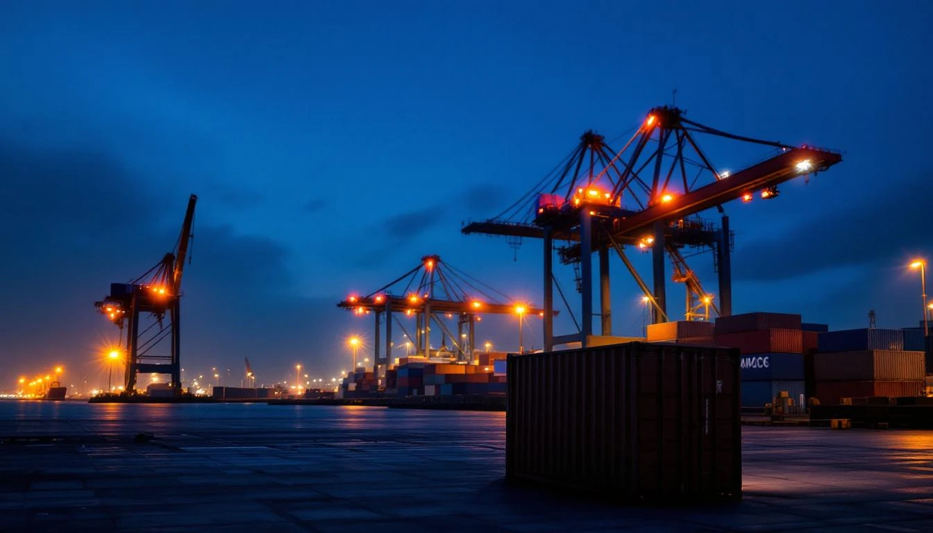 UK dock at dusk with amber crane lights, atmospheric photography